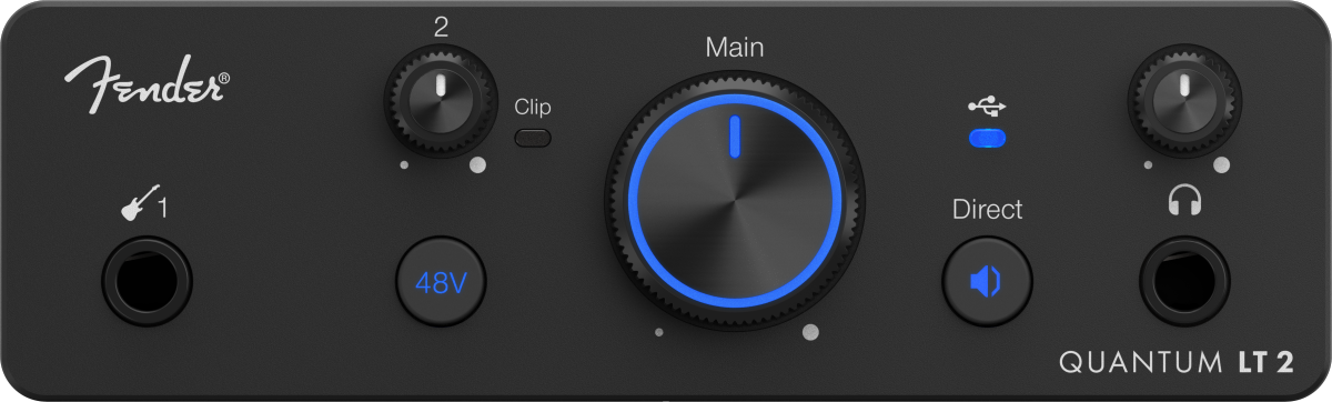 Fender Quantum LT 2 USB-C audio interface front panel with instrument input and monitoring controls