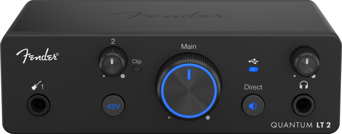 Fender Quantum LT 2 USB-C audio interface front panel with instrument input and monitoring controls