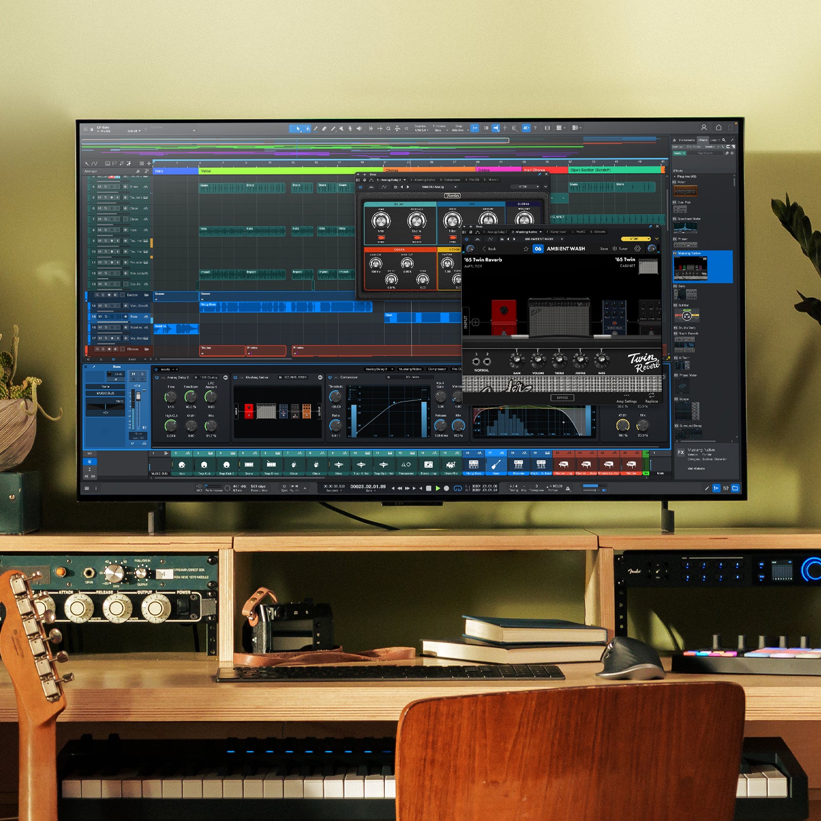 Home studio setup using Fender Quantum Complete Bundle for recording mixing and monitoring