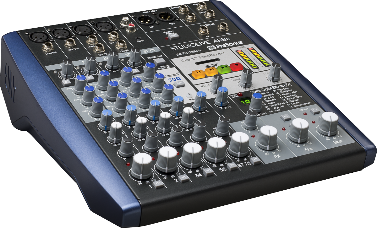 Side profile of the StudioLive AR8c mixer highlighting the compact, rack-ready hybrid design.