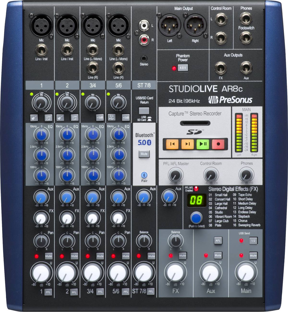 PreSonus StudioLive AR8c 8-channel analog mixer and USB-C audio interface in signature blue.