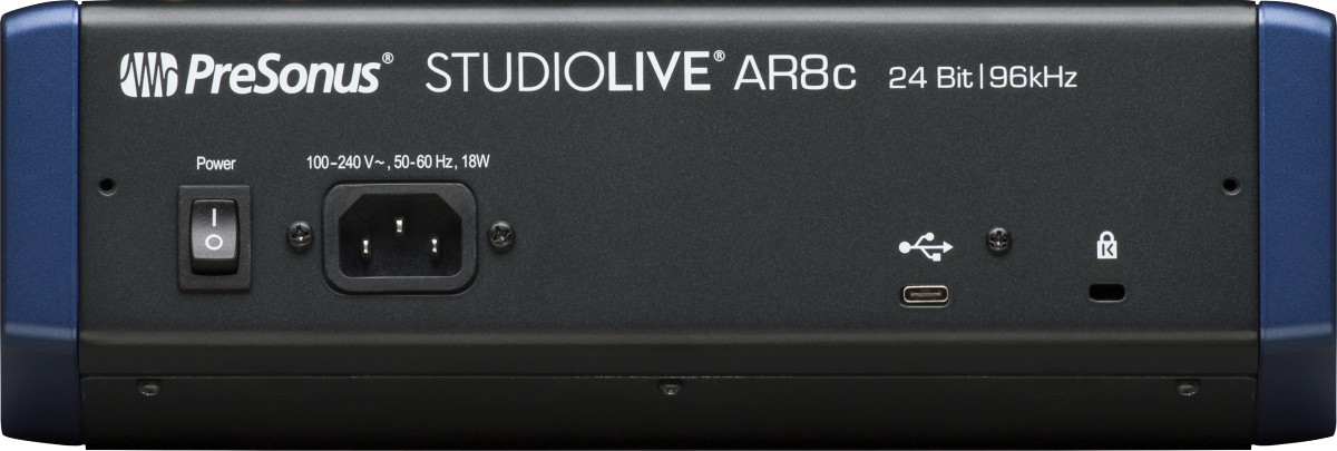 Back view of PreSonus StudioLive AR8c showing USB-C port, power port, and power switch.
